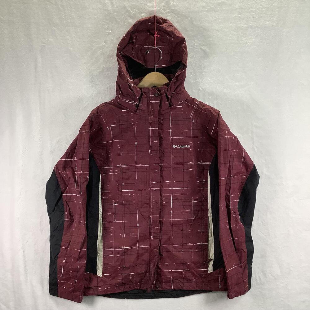 Columbia Jacket Womens Large Red Black Hooded Interchange 3 In 1 Plaid Nylon